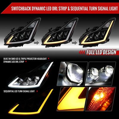 For Infiniti G37 2008-13 / Q60 Coupe 2014-15 LED Triple Projector Headlights Sequential Matte Black Clear Lens Switchback