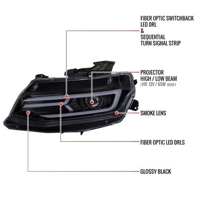 For Chevrolet Camaro 2016-2018 LED Strip Projector Headlights Turn Signal Lights Chrome Housing Smoked Lens
