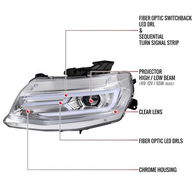 For Chevrolet Camaro 2016-2018 LED Strip Projector Headlights Turn Signal Lights Chrome Housing Clear Lens