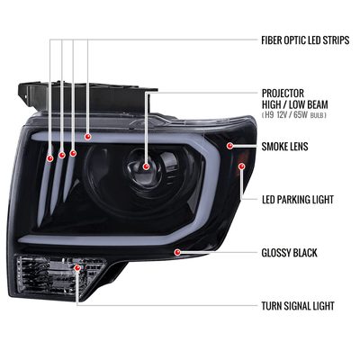 2009-2014 Ford F-150 LED C-Bar Projector Headlights Glossy Black/Smoke Lens
