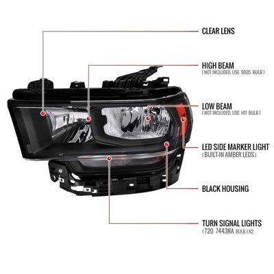 For Dodge RAM 2500 3500 2019-2024 Factory Style Crystal Headlight Driver Side Only Black Housing Clear Lens
