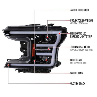 For Ford F-150 2018-2020 LED C Bar Projector Headlights Black Housing Smoked Lens