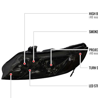 2006-2011 Honda Civic Sedan Projector Headlights R8 LED Light Chrome/Smoke