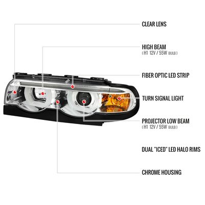 1995-2001 BMW E38 7 Series LED Bar Dual Halo Projector Headlights Chrome/Clear