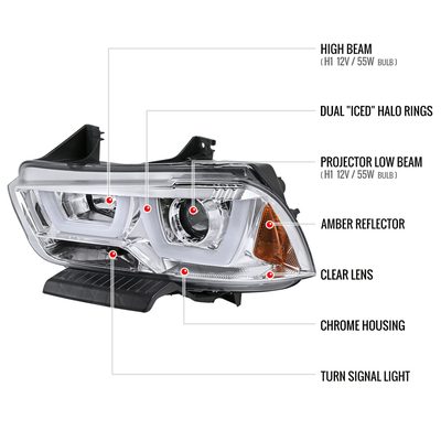 2011-2014 Dodge Charger Dual LED U-Bar Projector Headlights Chrome/Clear Lens