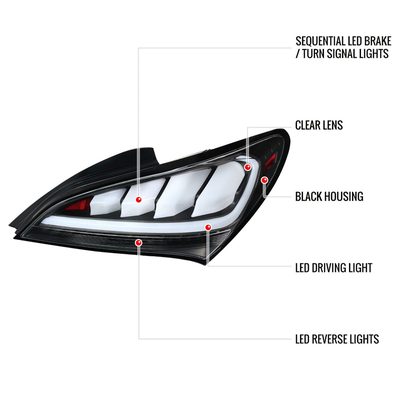 2010-2016 Hyundai Genesis Coupe White Bar LED Tail Lights Matt Black/Clear