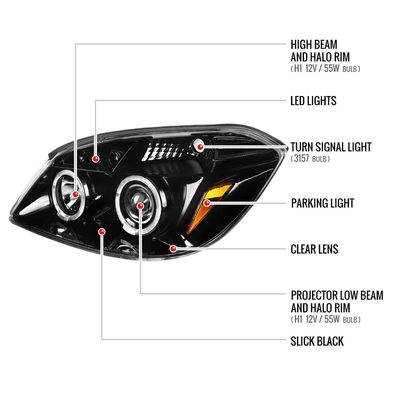 2005-2010 Chevy Cobalt Pontiac G5/Pursuit Projector Headlights Jet Black
