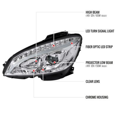 2008-2011 Mercedes W204 C Class Headlights LED Light Bar&LED Signal Chrome