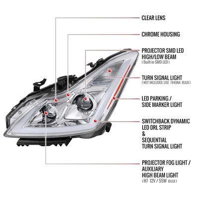 For Infiniti G37 2008-13 / Q60 Coupe 2014-15 LED Projector Headlights Sequential Chrome Housing Clear Lens Switchback