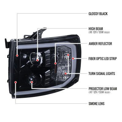 2007-2013 Chevy Silverado 1500/2500HD 3500HD LED C-Bar Headlights Glossy Black