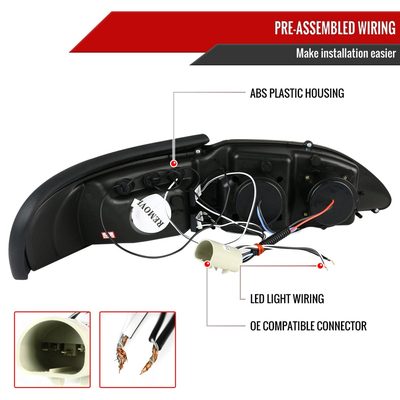 1994-1998 Ford Mustang Dual Halo Projector Headlights Matte Black/Clear Lens
