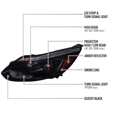 2012-2014 Ford Focus Projector Headlights LED Light &Turn Signal Lights Black