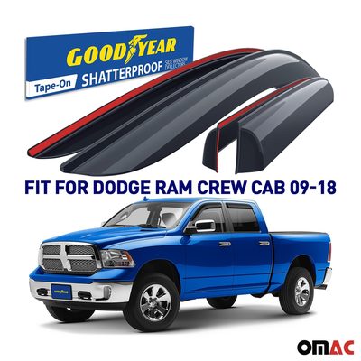 Goodyear Wind Deflectors for Dodge RAM 1500 2009-2018 Crew Cab Tape-On Smoke 4x