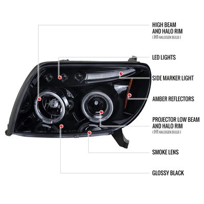 2003-2005 Toyota 4Runner Dual Halo Projector Headlights Glossy Black/Smoke