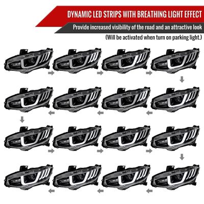 2016-2021 Honda Civic Projector Headlights LED Sequential Turn Signal Black