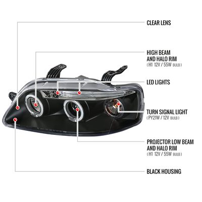 2004-2008 Chevy Aveo Dual Halo Projector Headlights Matte Black/Clear Lens
