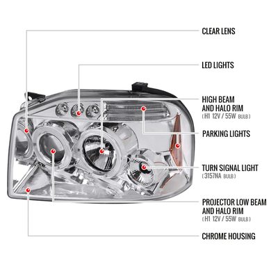 2001-2004 Nissan Frontier Dual Halo Projector Headlights Chrome/Clear Lens