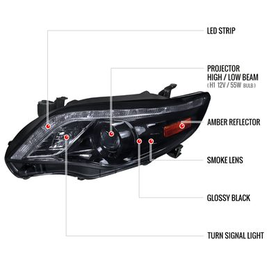 2011-2013 Toyota Corolla Projector Headlights LED Light Glossy Black/Smoke