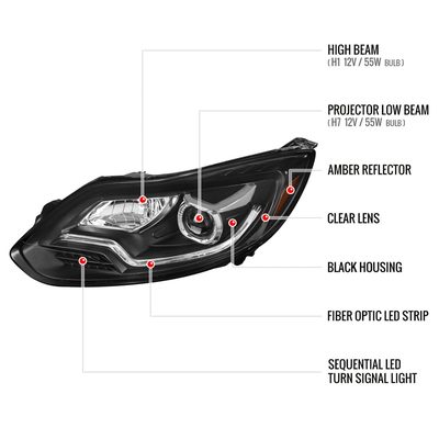 2012-2014 Ford Focus Projector Headlights LED Light & Turn Signal Lights Black