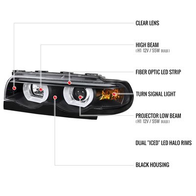 1995-2001 BMW E38 7 Series LED Bar Dual Halo Projector Headlights Matt Black