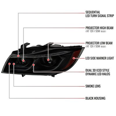 2006-2011 BMW E90 3 Series Sedan 3D Iced LED Dual Projector Headlights Smoke