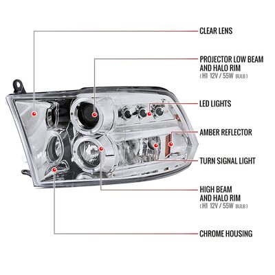 2009-2018 Dodge RAM 1500 / RAM 2500 3500 Dual Halo Headlights Chrome