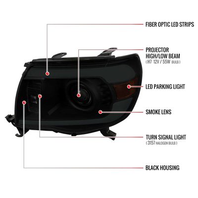 For Toyota Tacoma 2005-2011 LED Bar Projector Headlights Chrome Housing Smoked Lens
