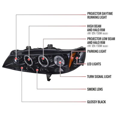 1994-1997 Honda Accord Dual Halo Projector Headlights Glossy Black/Smoke Lens