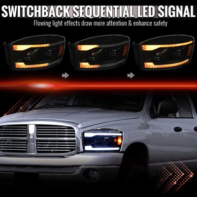 For Dodge RAM 1500 2006-08 / RAM 2500 3500 2006-09 Headlights LED Strip Turn Signal DRL Startup Animation Black Housing Smoked Lens