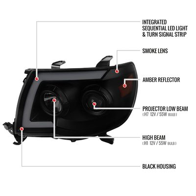 2005-2011 Toyota Tacoma LED Bar Projector Headlights Turn Signal Black Smoke