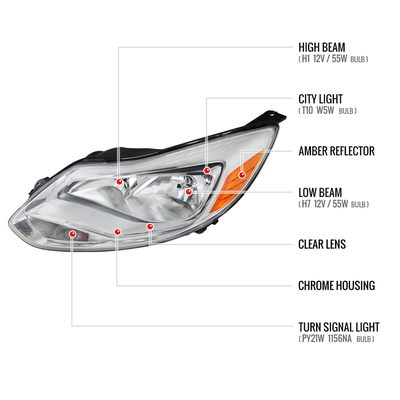 2012-2014 Ford Focus Factory Style Headlights w/ Amber Reflectors Chrome/Clear
