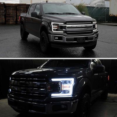 For Ford F-150 2018-2020 LED C Bar Projector Headlights Black Housing Clear Lens