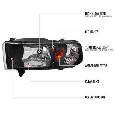 1994-2001 Dodge RAM 1500/ 1994-2002 Dodge RAM 2500 3500 Crystal Headlights Black