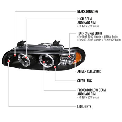 1996-2003 BMW E39 5 Series Dual Halo Projector Headlights Matte Black/Clear