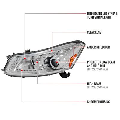 2008-2012 Honda Accord Sedan Single Halo Headlights LED Light& Signal Chrome