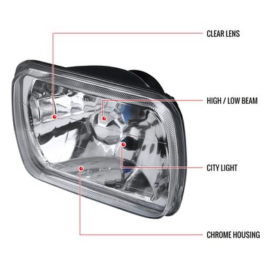 Universal 7"x6" H4 Crystal Headlights Chrome Housing/Glass Lens