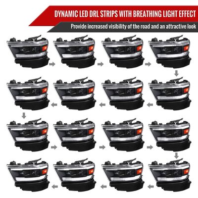 2019-2024 Dodge RAM 1500 Sequential LED Turn Signal Projector Headlights Black