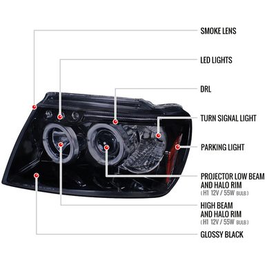 1999-2004 Jeep Grand Cherokee Dual Halo Projector Headlights Black/Smoke
