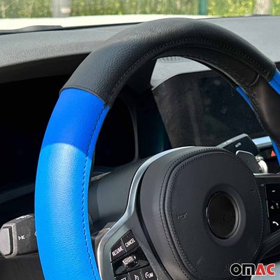 14.5-15.5’’ Steering Wheel Cover Blue Black Leather Anti-slip Breathable