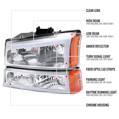 2002-2006 Chevy Avalanche/ Silverado LED Bar Headlights&Bumper Lights Chrome