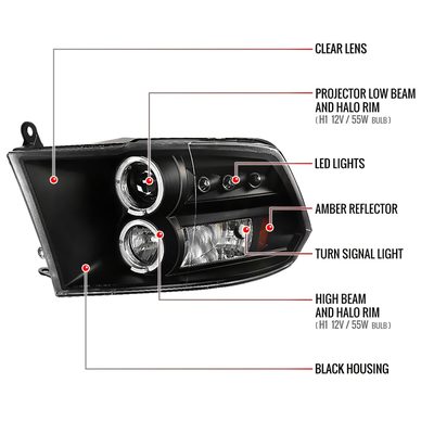 2009-2018 Dodge RAM 1500 / RAM 2500 3500 Dual Halo Headlights Matte Black