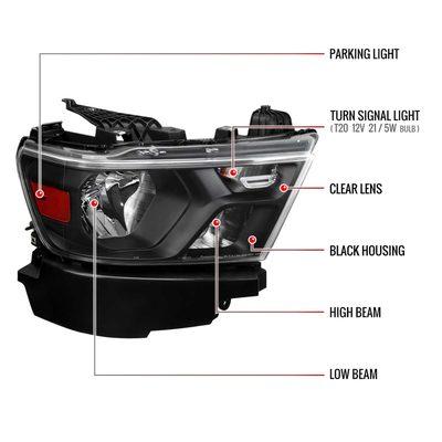 For Dodge RAM 1500 2019-2024 Factory Style Crystal Headlight Passenger Side Only Black Housing Clear Lens