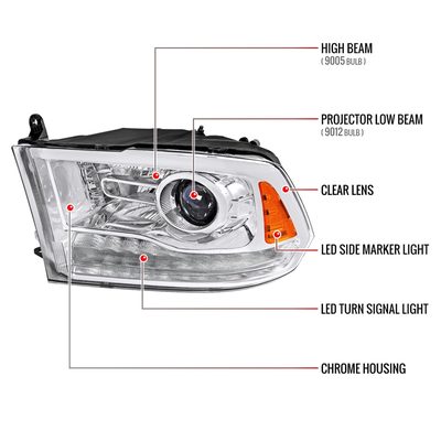 2013-2018 RAM 1500 2500 3500 LED Bar Projector Headlights Chrome/Clear Lens