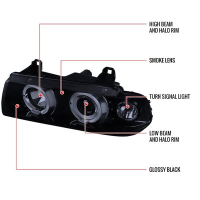 1992-1998 BMW E36 3 Series Coupe/Sedan Dual Halo Projector Headlights Smoke