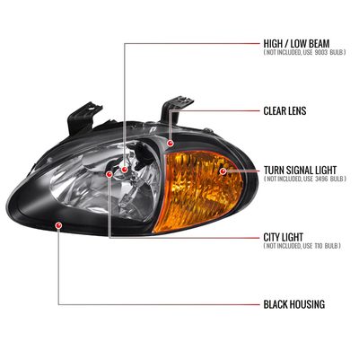 1993-1997 Honda Del Sol Crystal Headlights w/Amber Reflector Matt Black/Clear