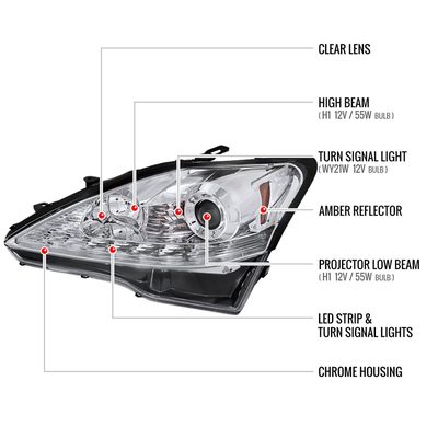 2006-2010 Lexus IS250/IS350 SMD LED Light Strip Projector Headlights Chrome