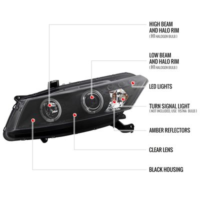 2008-2012 Honda Accord Coupe Dual Halo Projector Headlights Matte Black/Clear
