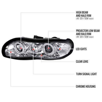 1998-2002 Chevy Camaro Dual Halo Projector Headlights Chrome/Clear Lens