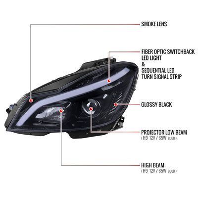 2012-2014 Mercedes-Benz W204 C-Class LED Bar Projector Headlights Smoke