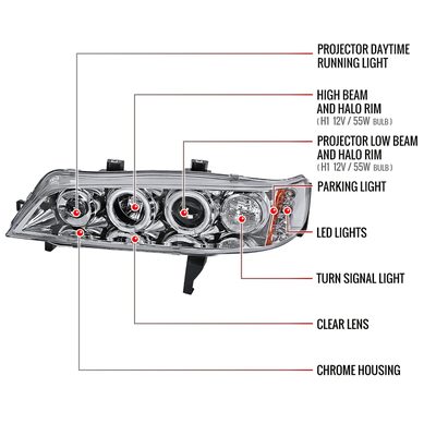1994-1997 Honda Accord Dual Halo Projector Headlights Chrome/Clear Lens